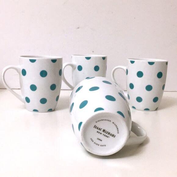 Isaac Mizrahi 4 coffee mugs NEW white & turquoise Fall Pumpkin Spice PERFECT - Picture 1 of 6